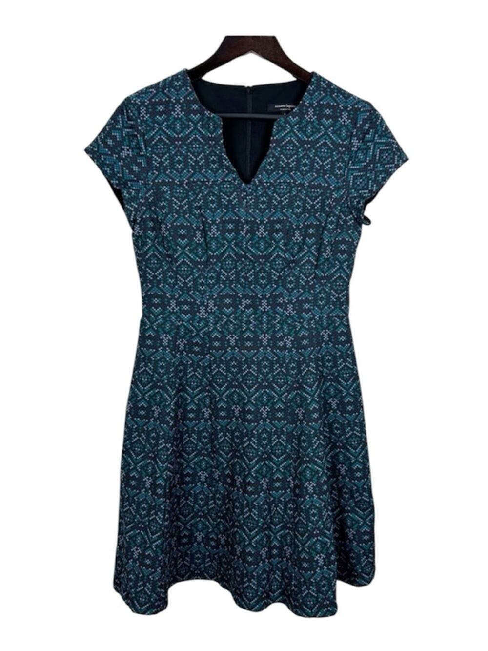 Nanette Lepore Teal Patterned Short-Sleeve Fit-and-Flare Dress Size 8